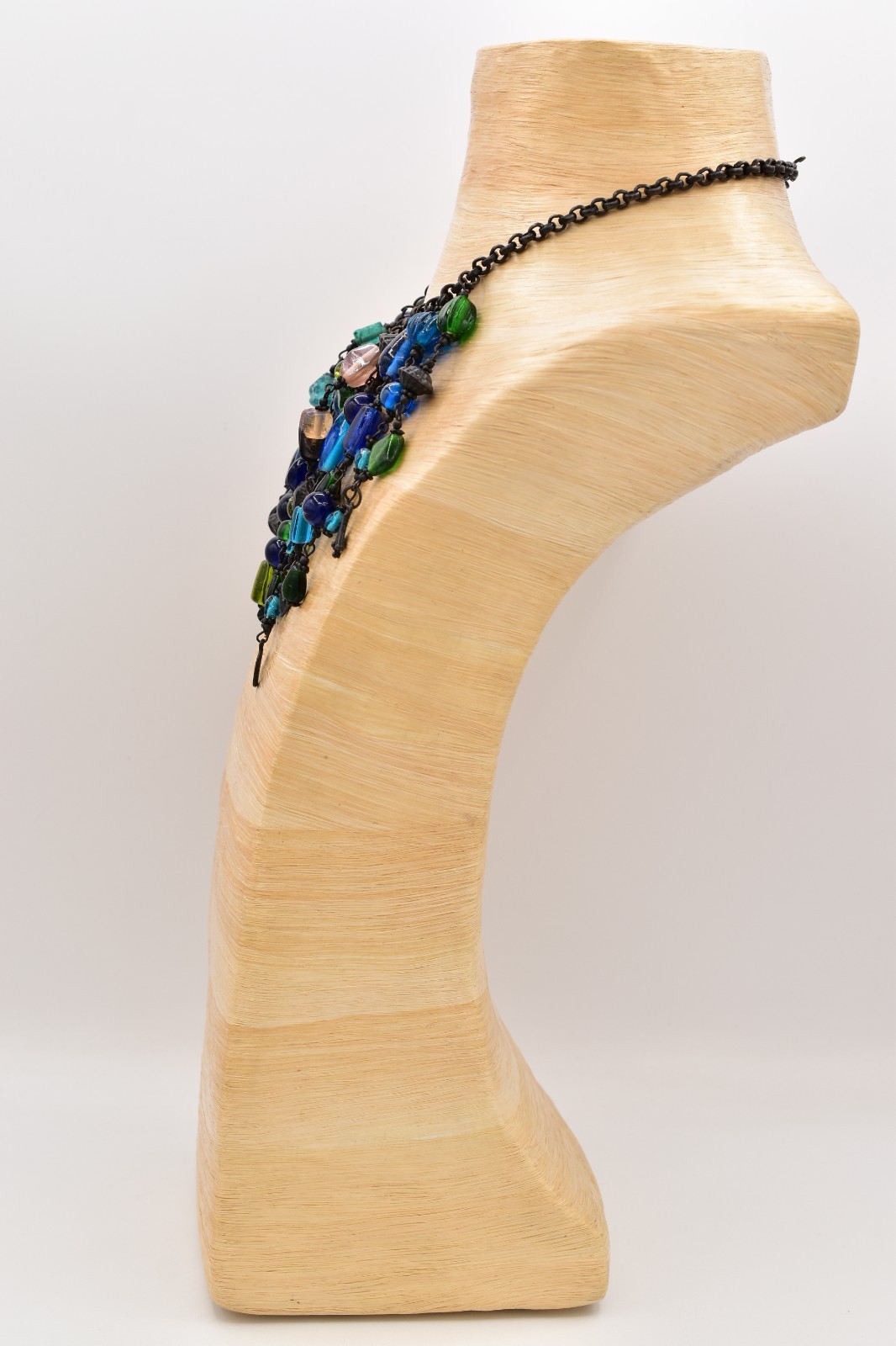 Vintage Glass Beaded Bib Collar Necklace Blue Green Fringe Gunmetal Chunky BinBQ