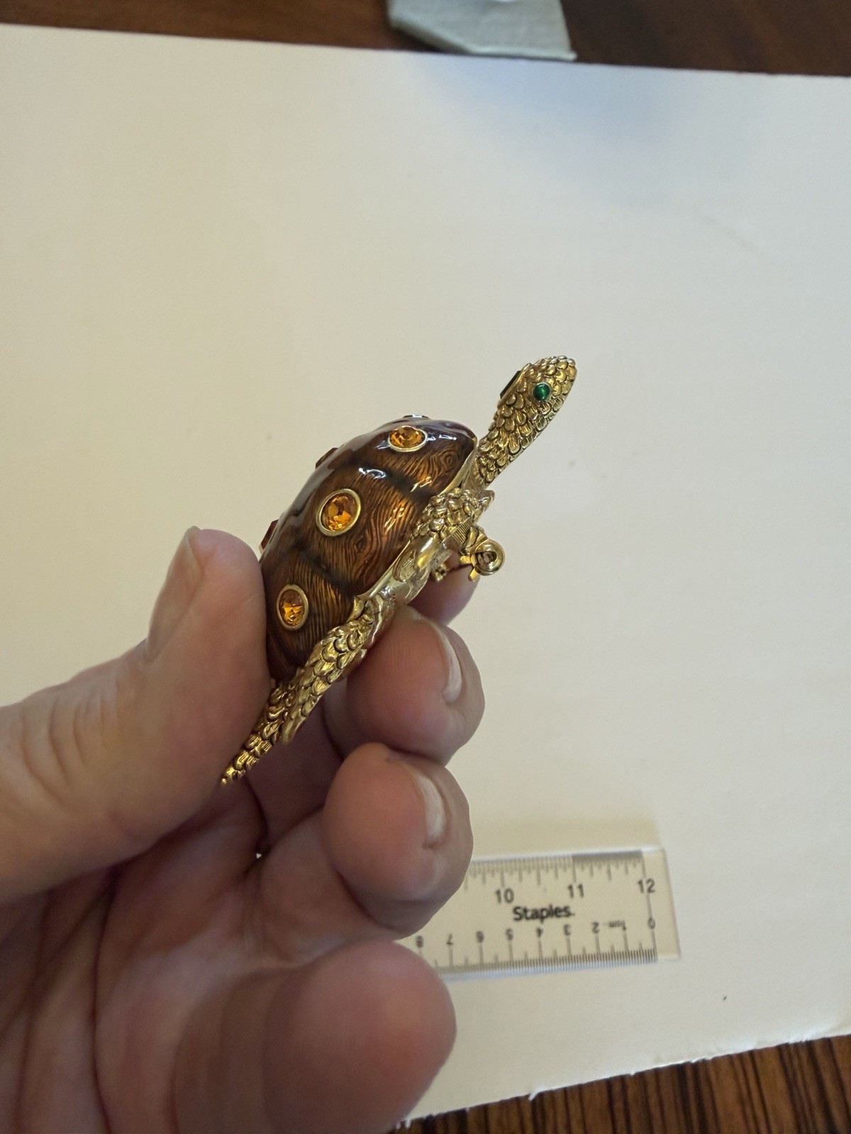 Vintage Joan Rivers Collection Topaz Crystal Enamel Turtle Brooch 3D NOS