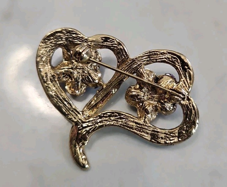 Double Heart Flower Brooch Pin Vintage Victorian Revival Nature Floral Jewelry