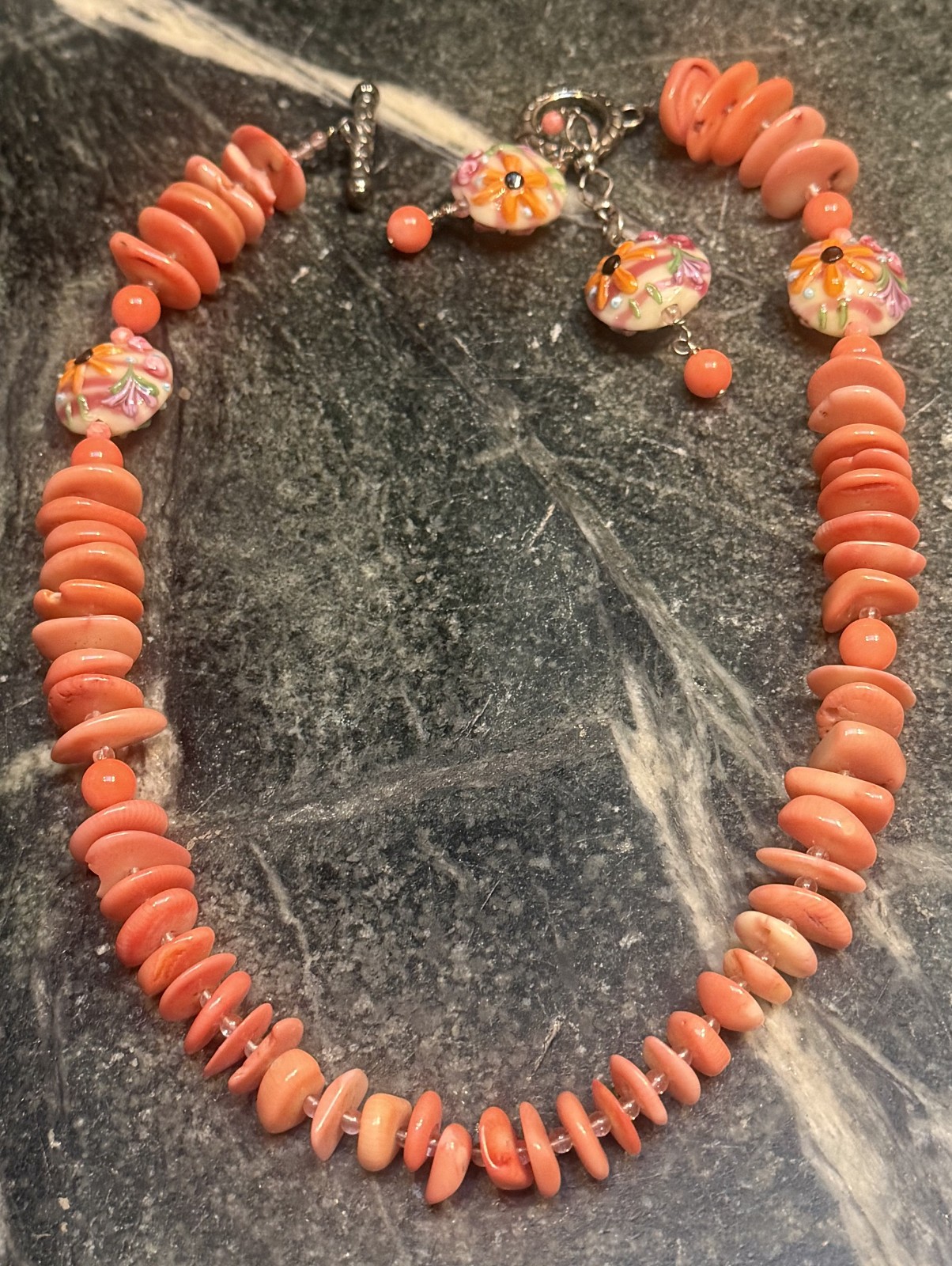 Vintage Artisan Genuine Coral and Lampwork Glass Bead Necklace