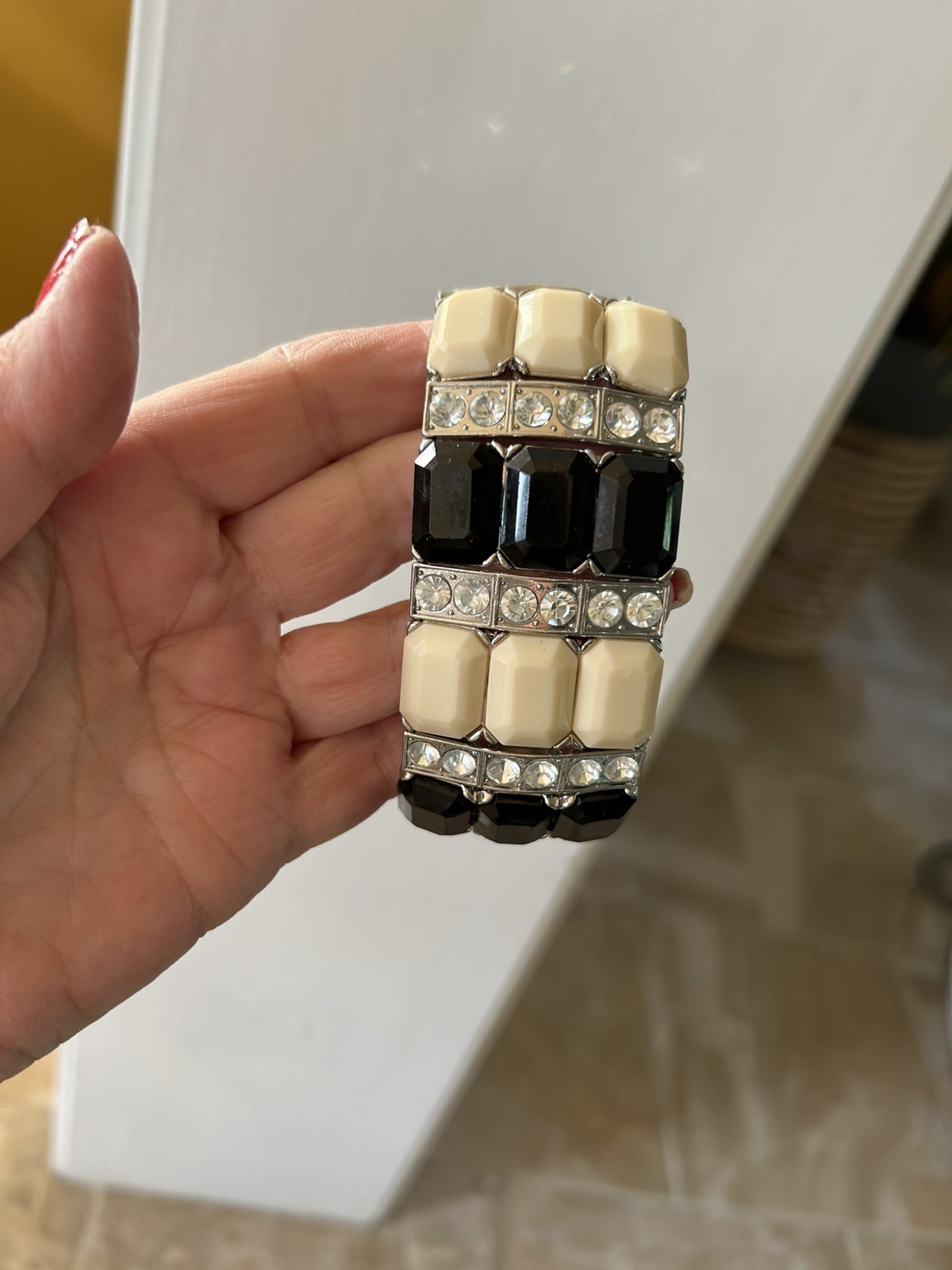 Vintage Metal Black And White Inlayed Enamel Bangles LOT OF 6 BANGLES