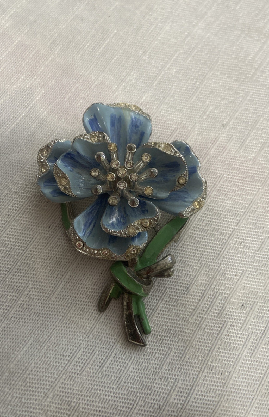 New England Glass Works Trembler Brooch Blue Pansy Flower Enamel Pot Metal
