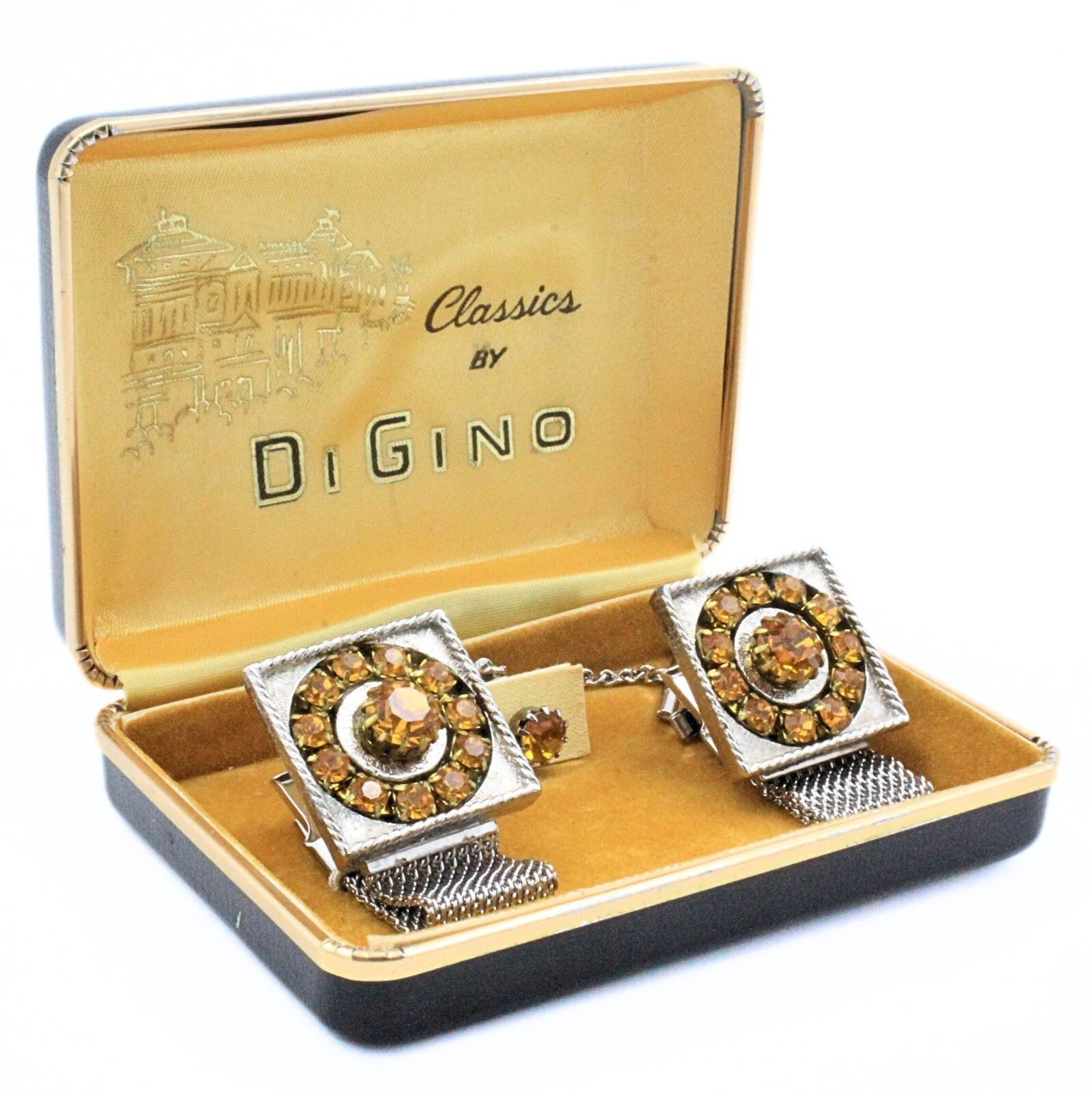 Di Gino Designer Retro Yellow Rhinestones Cufflinks Tie Tac Set