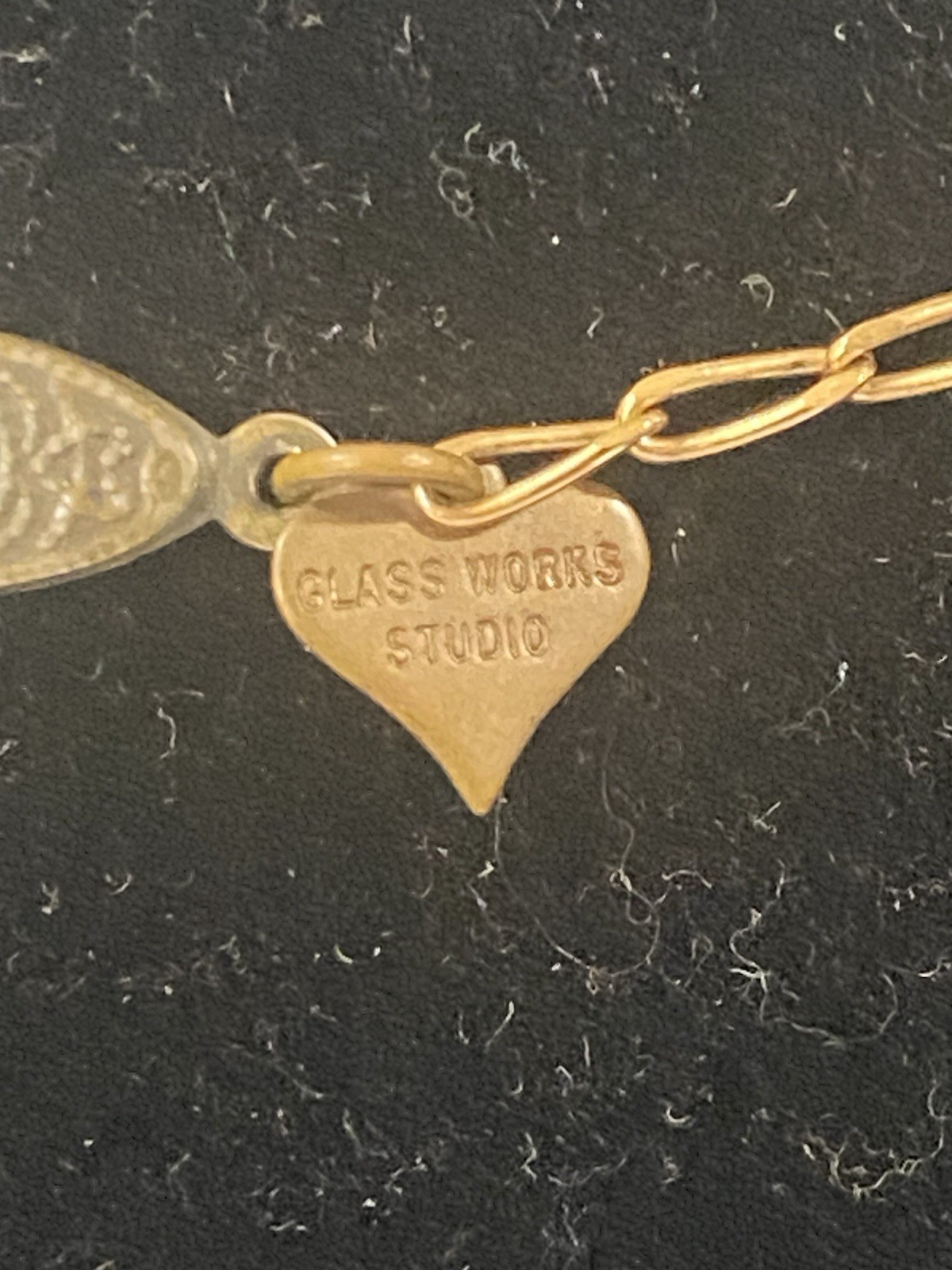 Vintage GLASS WORKS STUDIO Glass and Brass Heart Charm Necklace Intaglio 28”
