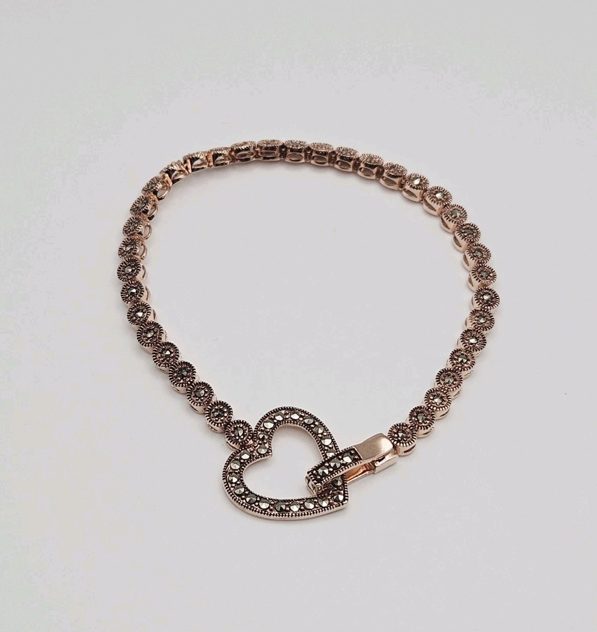 Kit Heath Sterling Silver Rose Gold Vermeil Marcasite Heart Clasp Bracelet 8″
