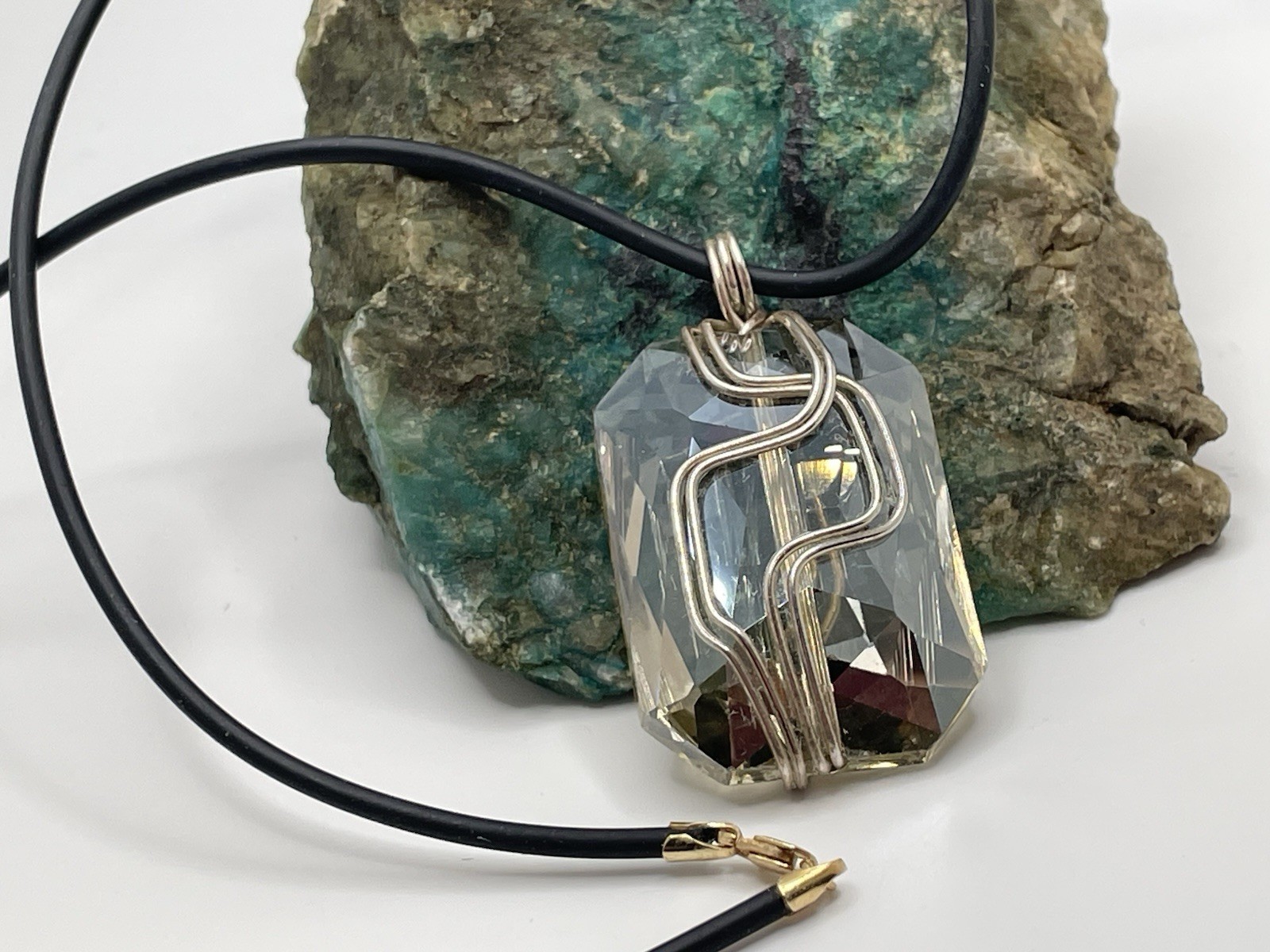 18” Black Rubber Cord Necklace 14K Gold Lobster Claw Clasp Crystal MOD Pendant