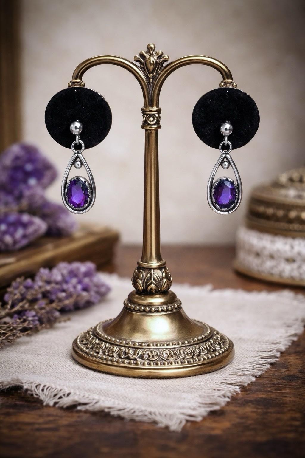 Vintage Amethyst Dangle Earrings Silver Teardrop Purple Gemstone