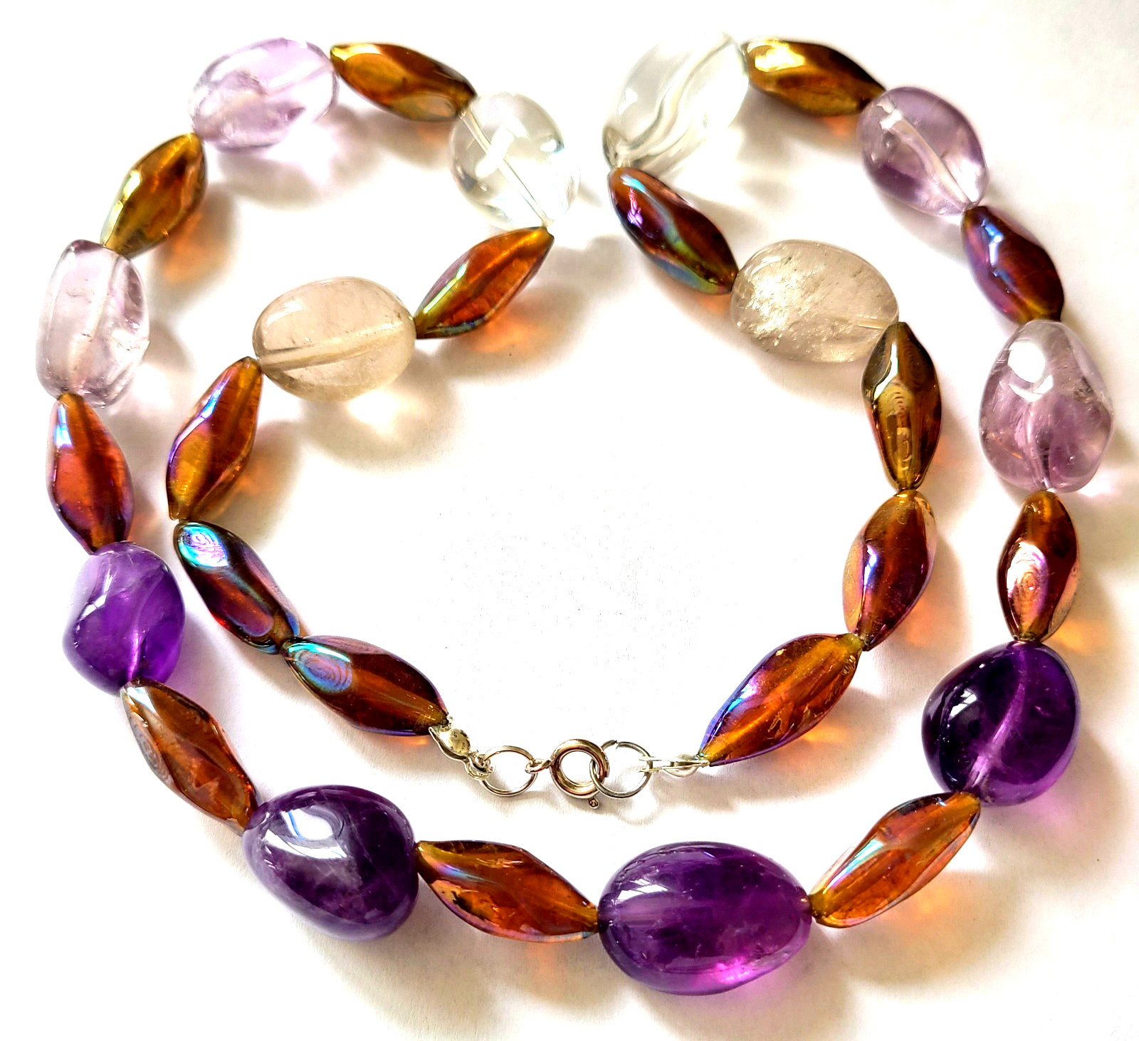 VINTAGE STUNNING MULTICOLOR AMETHYST ROSE QUARTZ GEMSTONE NECKLACE