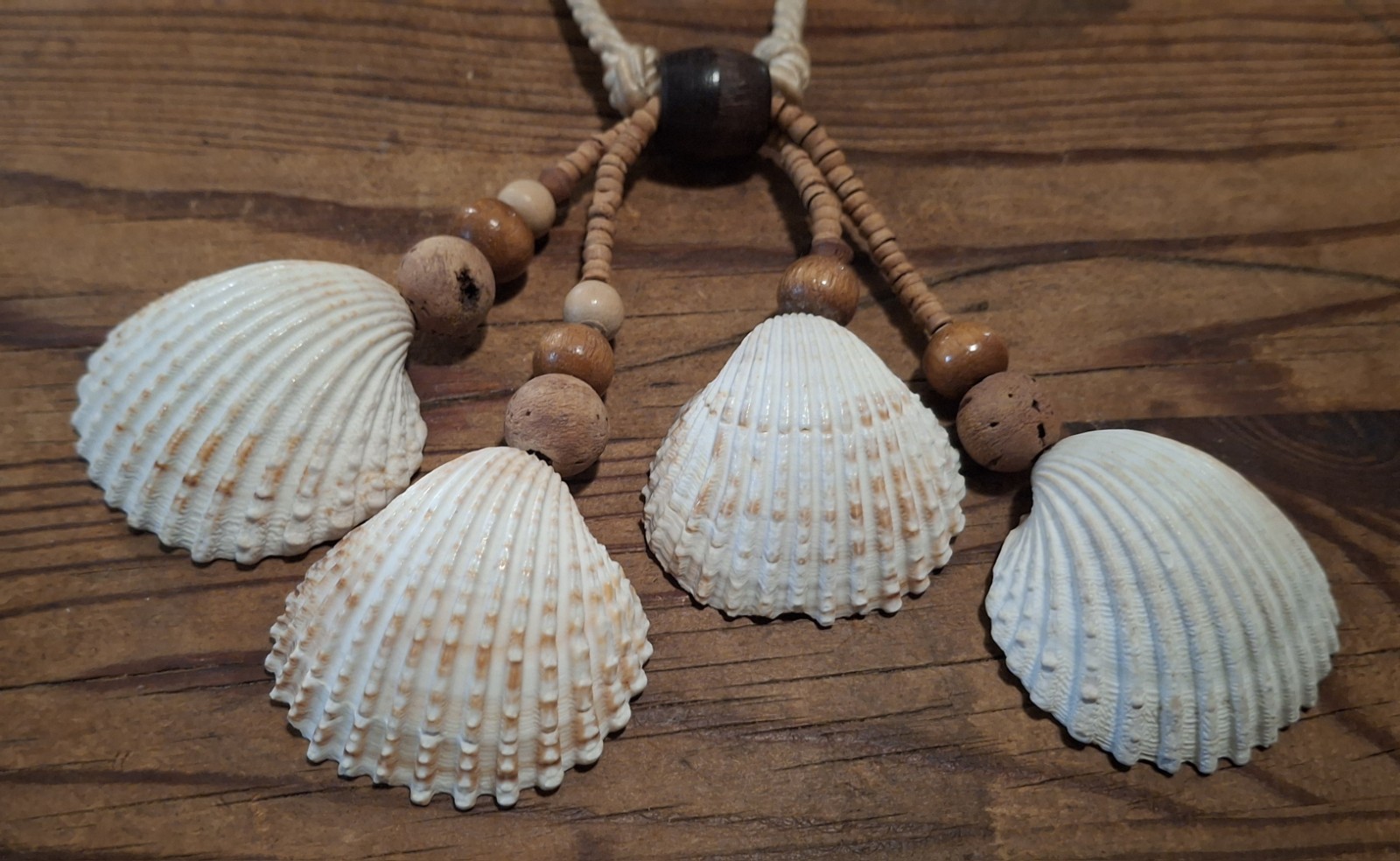 Vintage Boho Shell Necklace Wood Cork Bead Coastal Beach Statement 32”