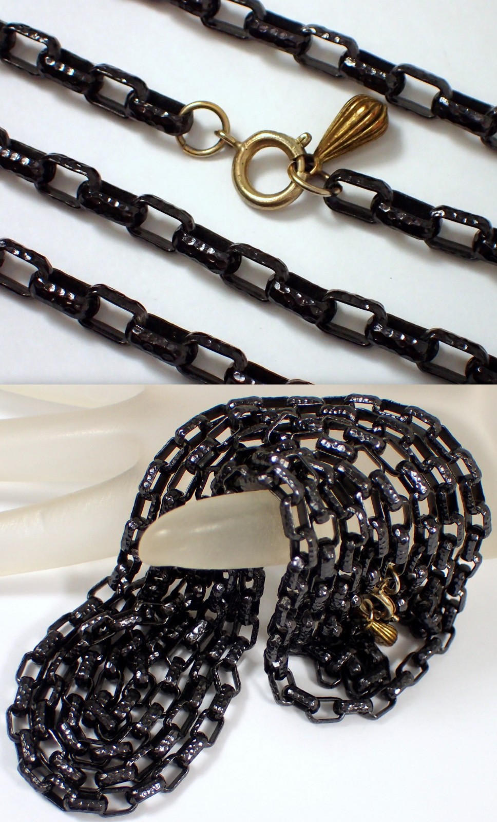 LESTER JOY Vtg Signed Les Bernard Hammered Black Metal 61″ Chain Link Necklace