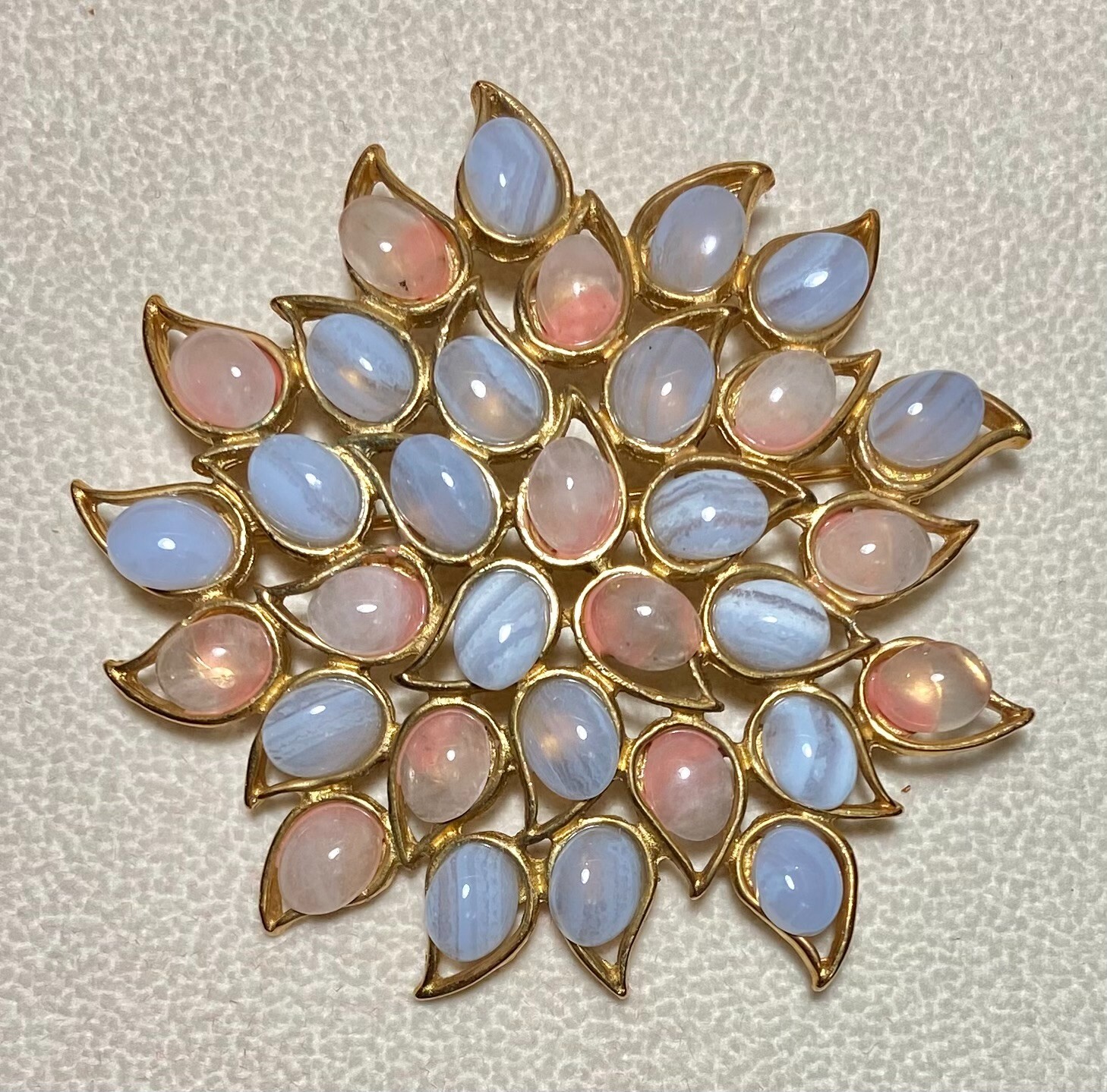 AUTHENTIC SWOBODA BIG FLORAL BROOCH ~ LACE AGATE, ROSE QUARTZ ~ STUNNING!