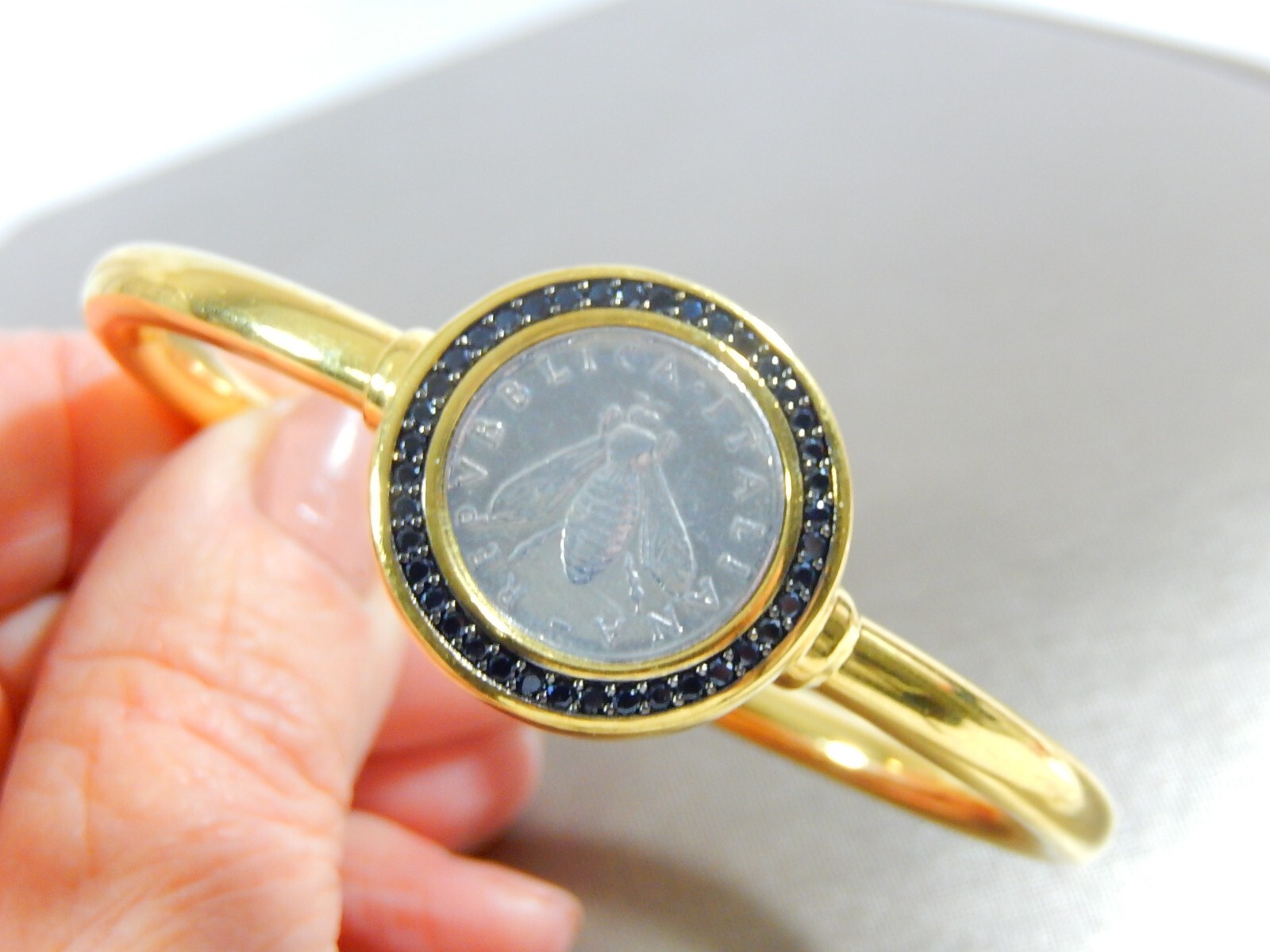 HSN BELLEZZA “BEE” LIRA COIN .76ctw SPINEL GP BRONZE BANGLE BRACELET