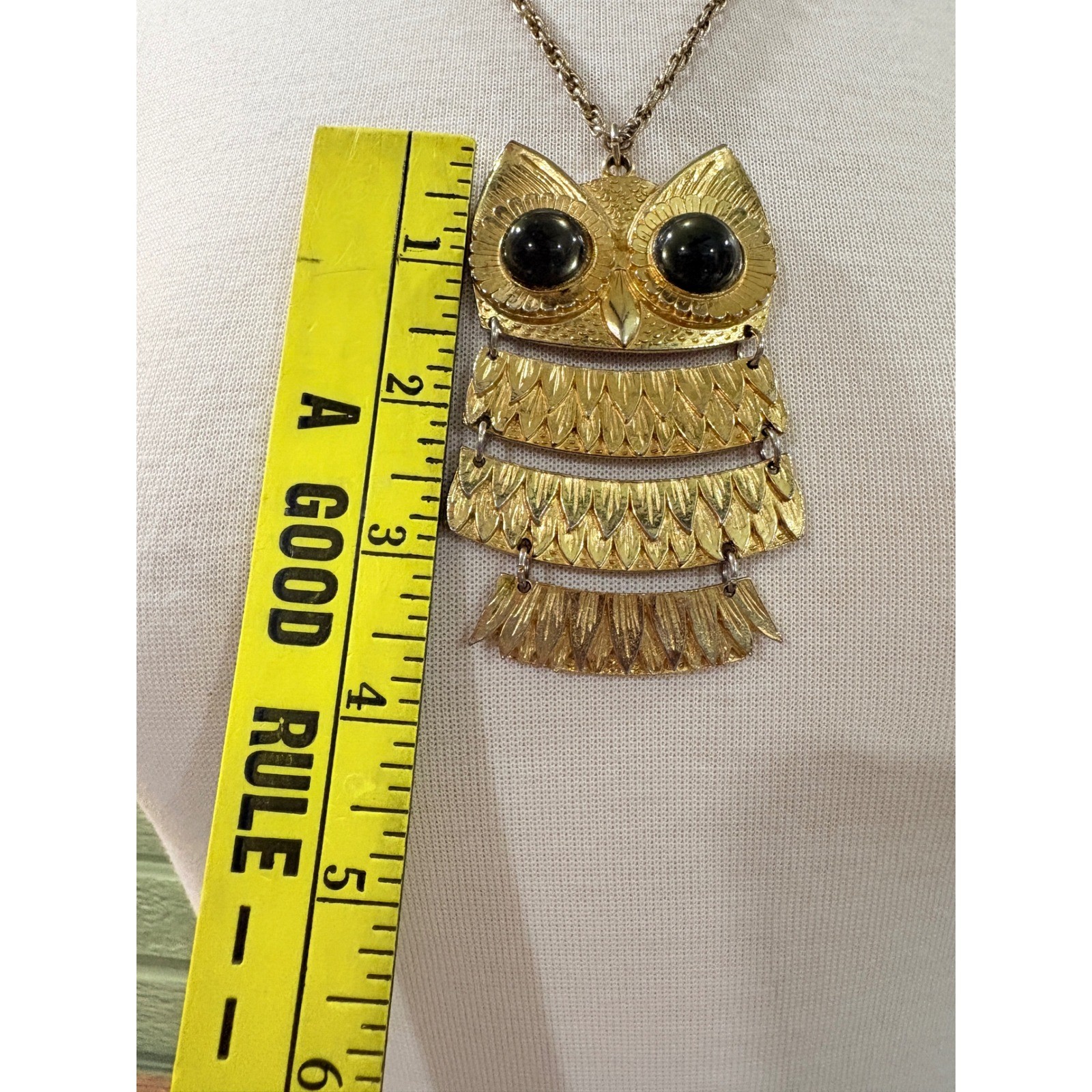 Vintage Articulated Owl Pendant Necklace Gold Tone Green Glass Eyes
