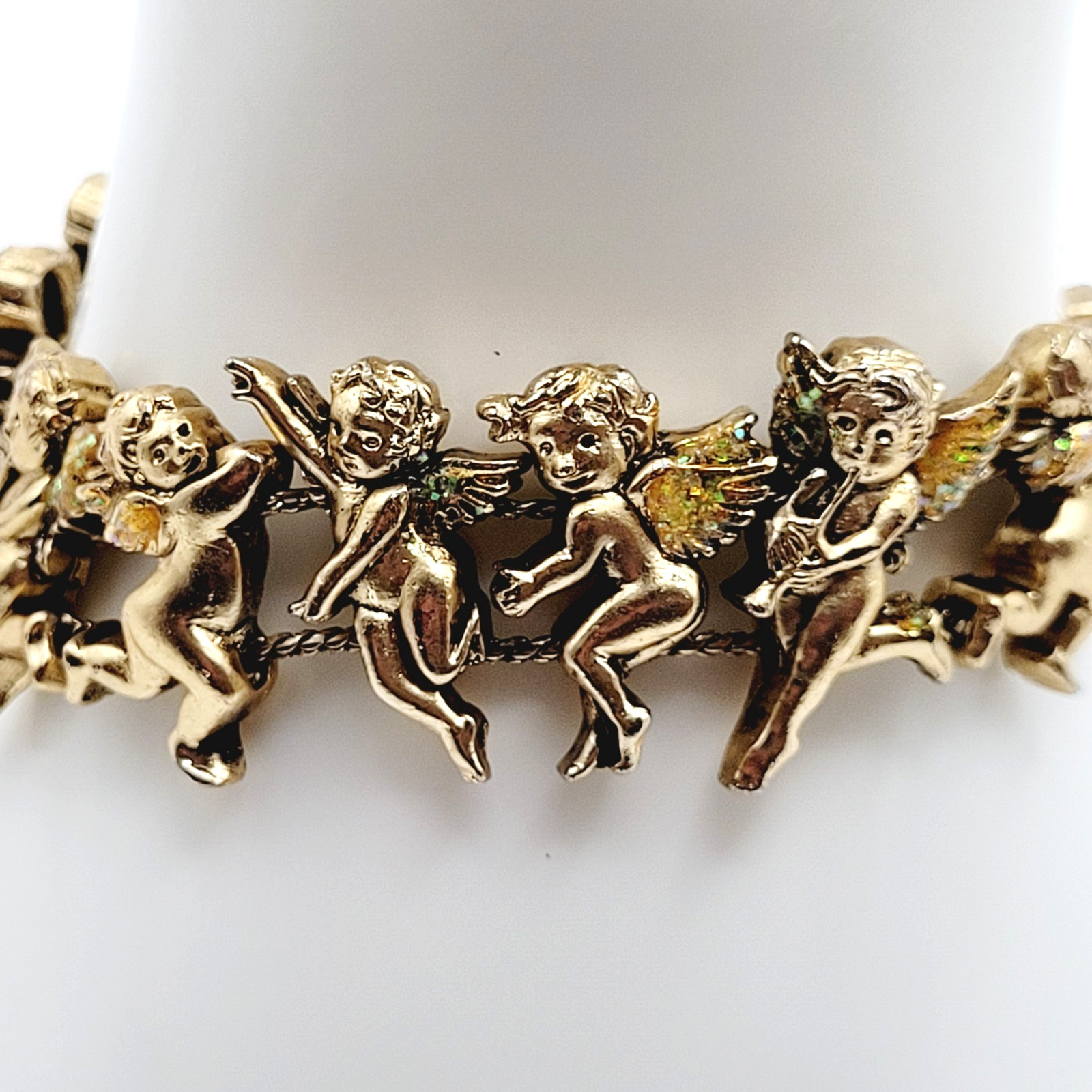 Cherub Angels Iridescent Glitter Wings Gold Tone Vtg Slide Bracelet 7.5 Inch