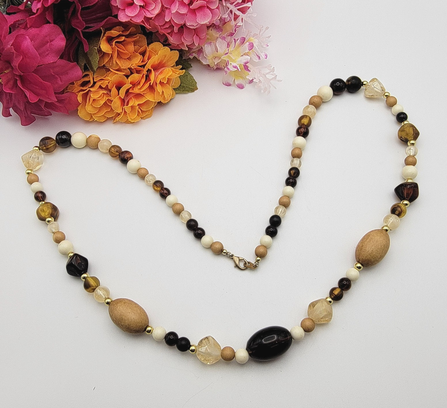 Vintage Earth Tones Lucite And Wood Beaded Necklace 32″ – Elegant Statement
