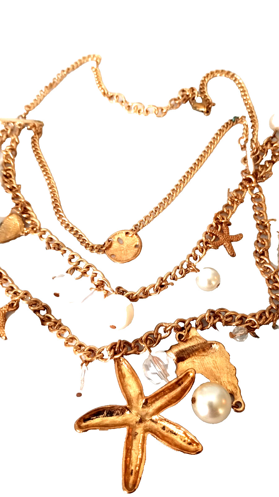 Vintage Sea Life Necklace Seahorse Starfish Shell.Gold Tone 3 Strands 24 in