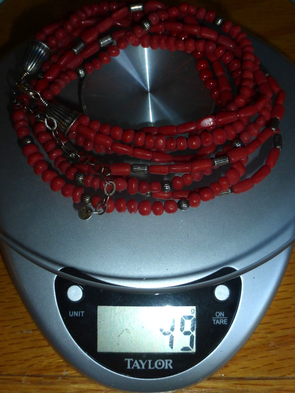 Vintage sterling silver red coral bead 4 stands necklace, undyed