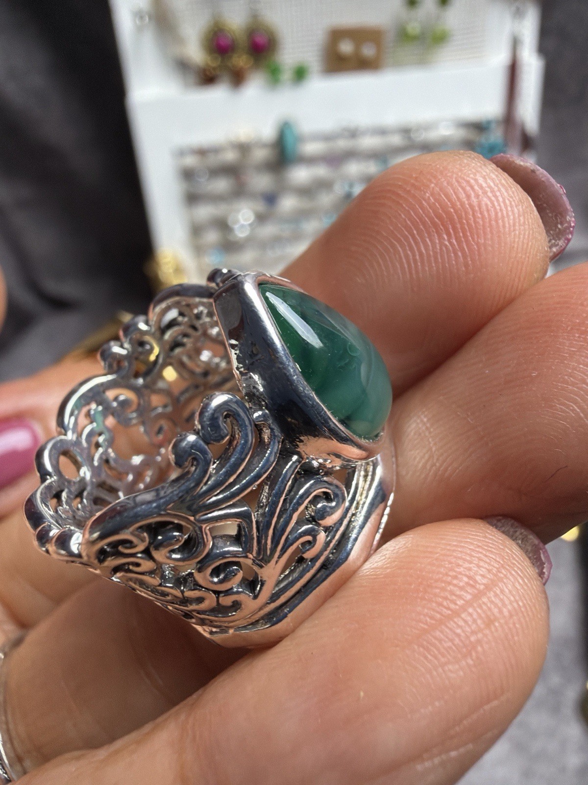 Vintage Filigree Green Cabochon Ring Possible 925 Sterling Silver Boho Sz 7 #5