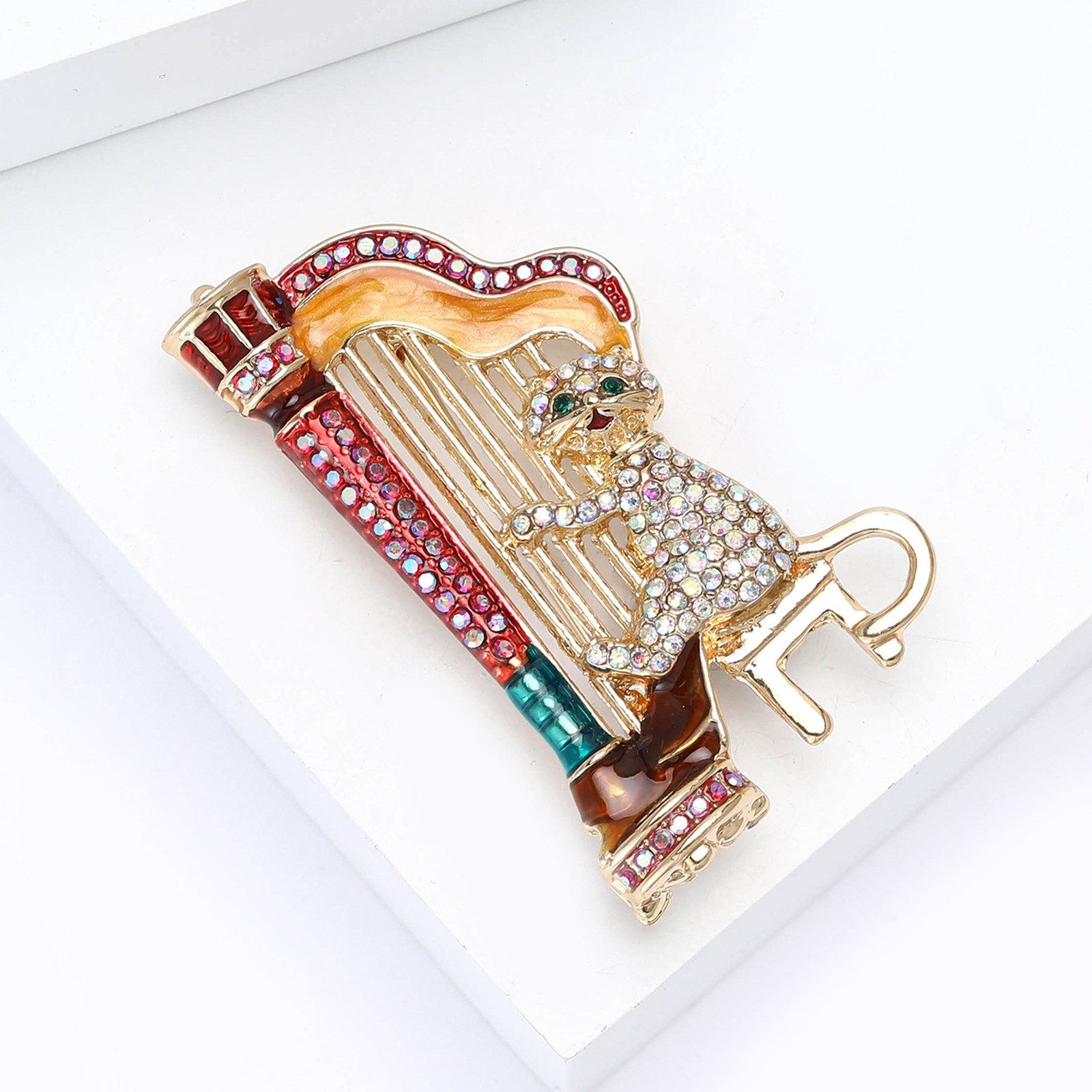 Creative Harp-Playing Cat Brooch Alloy Rhinestone Pin Women’s Clothing Accessory