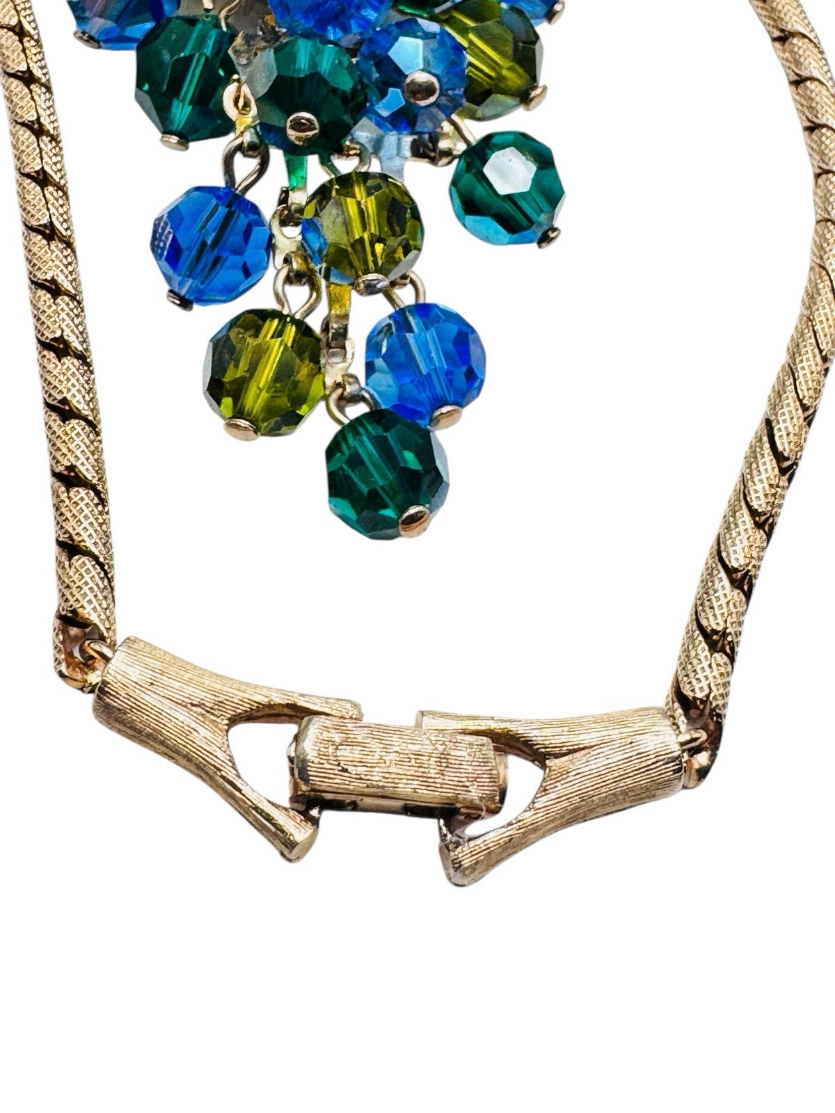 Vintage Schrager Blue Green AB Glass Dangle Bead Necklace Brooch Earrings Set