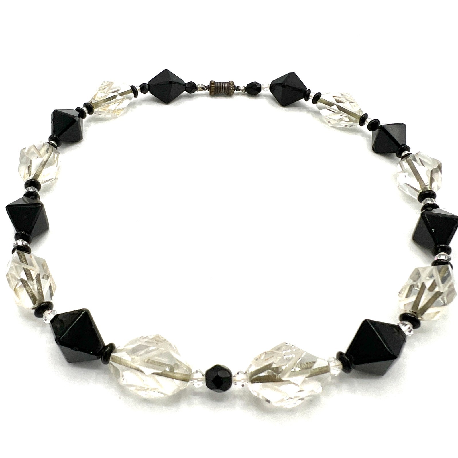 1920s Black & Clear Beveled Glass Bead Necklace Vintage Beads Later Assembled