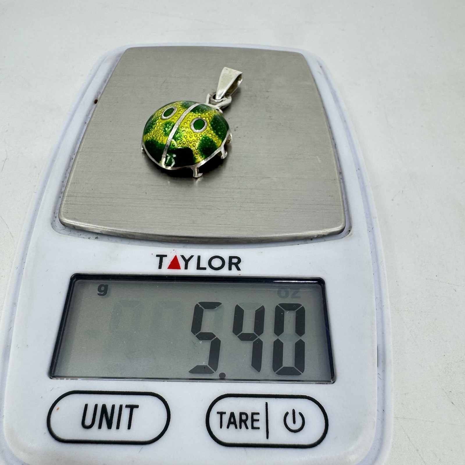 Sterling Silver 980 Bright Green Yellow Beetle Bug Pendant Signed A. Maya Mexico
