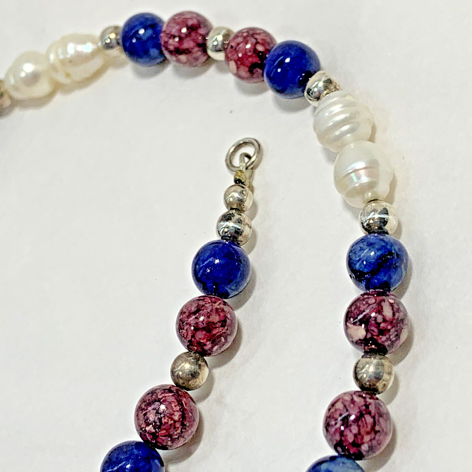 Vintage 925 Sterling Silver Freshwater Pearl Stone Bead Necklace Purple Blue 20″
