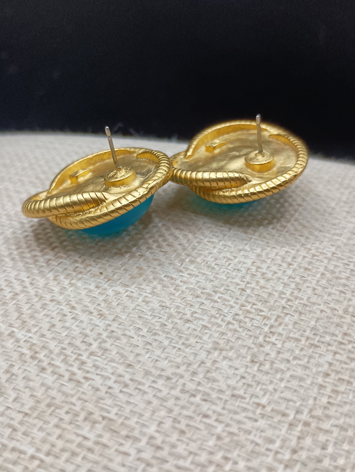 Vintage Aqua Blue Glass Cabochon Pierced Earrings Gripoix Gold Tone Rope 1.25 “