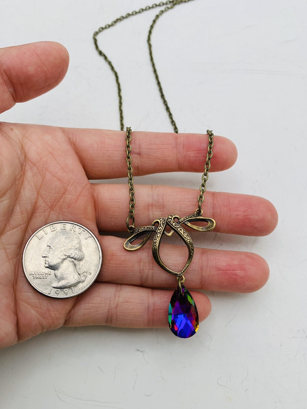 Vintage Style Art Nouveau Bronze Tone Rainbow Teardrop Bead 18 in Necklace