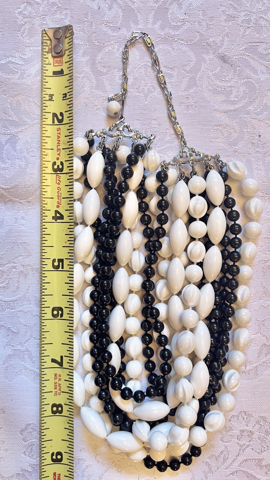 Vintage Black And White Multi Strand Necklace J Hook Closure Unique Scroll?Chain