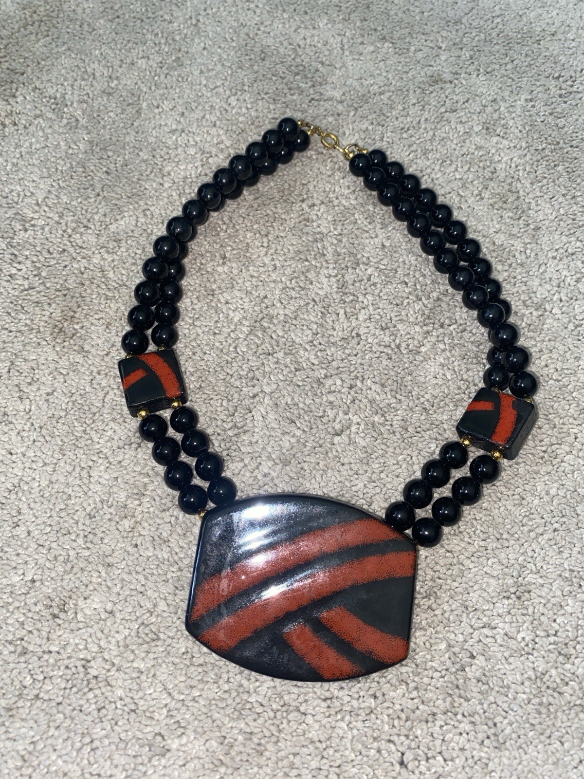 VTG Japan Beaded Statement Necklace Red Black Ceramic Pendant