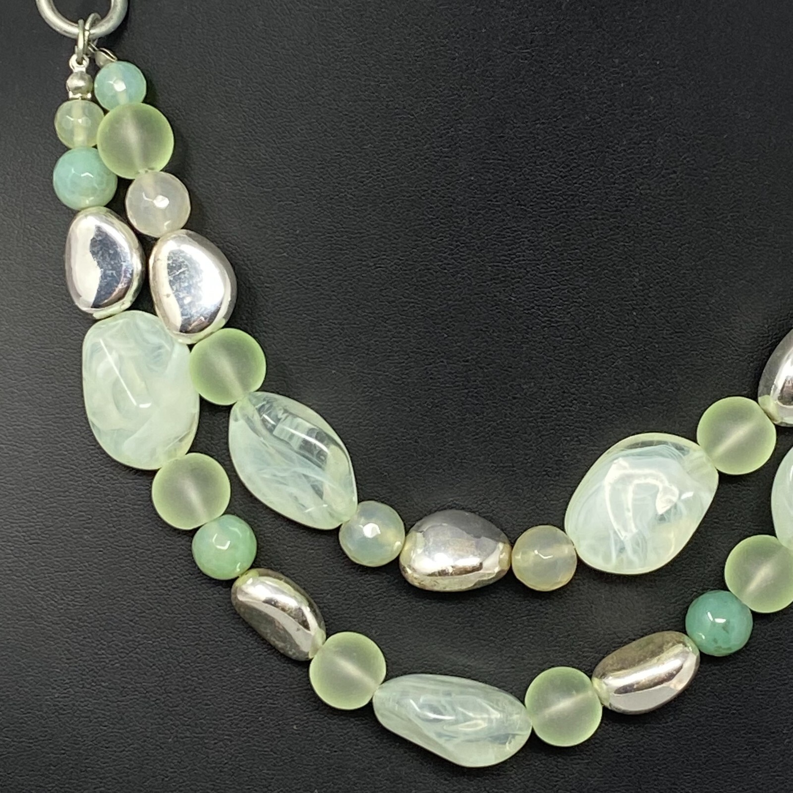 Multi Strand Necklace Green Gemstone Glass Acrylic Beads Frost Swirl Silver Tone