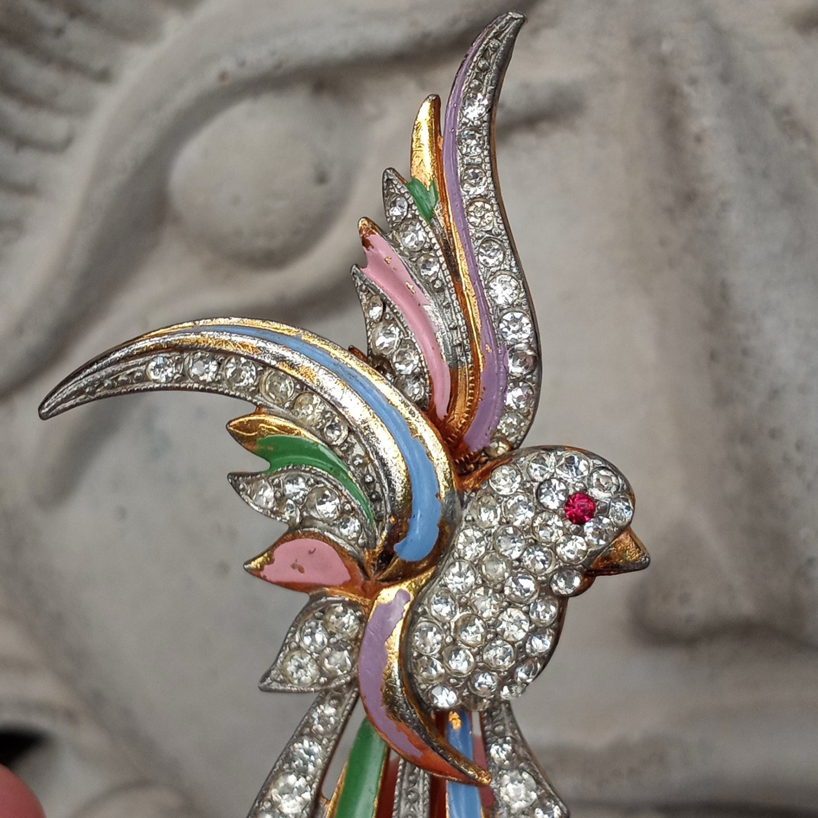 Vtg Coro? Clear Red Rhinestone Pink Blue Enameled Green Paradise Bird Brooch Pin