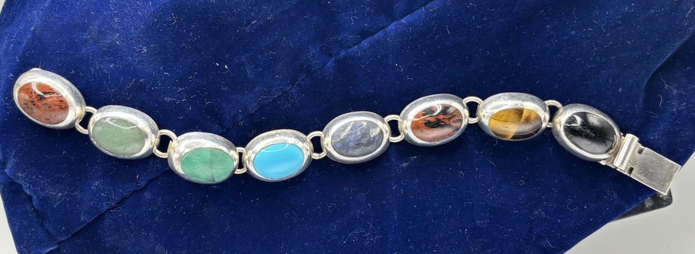 Vintage Sterling Silver And Gem Stone Bracelet Marked Mexico- Jeweler Checked!
