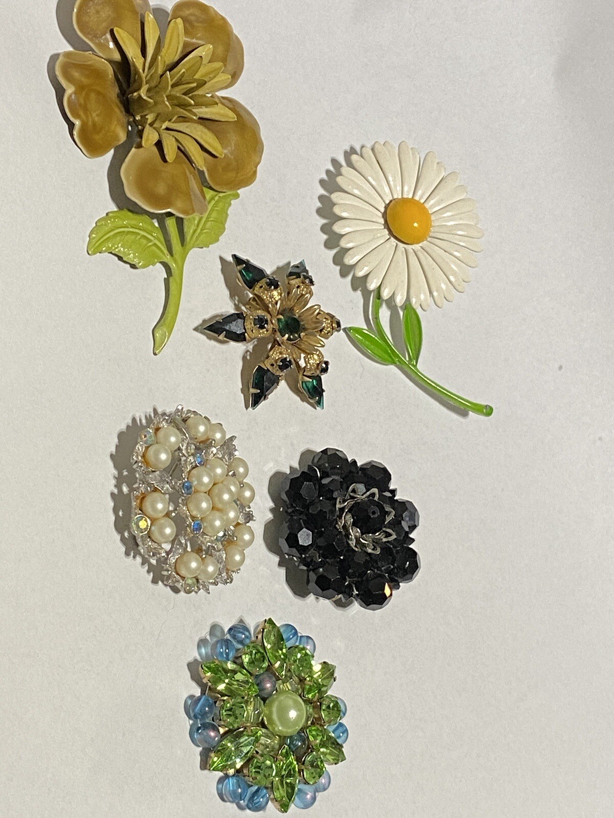 6 Vtg Mod Retro Brooch Metal Enamel Daisy Brown Flower & Rhinestone Brooches MCM