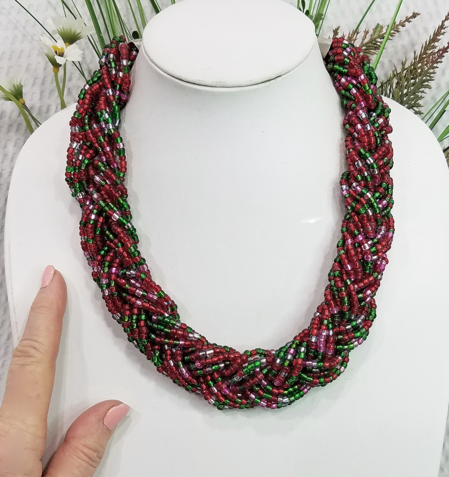 Vintage Signed You & I Burgundy Pink and Green Braided Seed Beed Choker Necklace