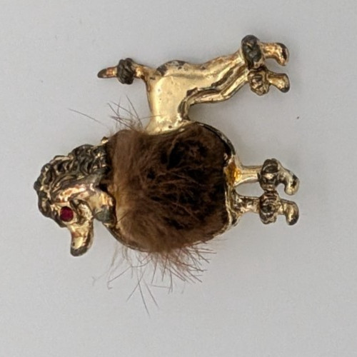 vintage brooch gold tone poodle rhinestone eye faux fur – as is