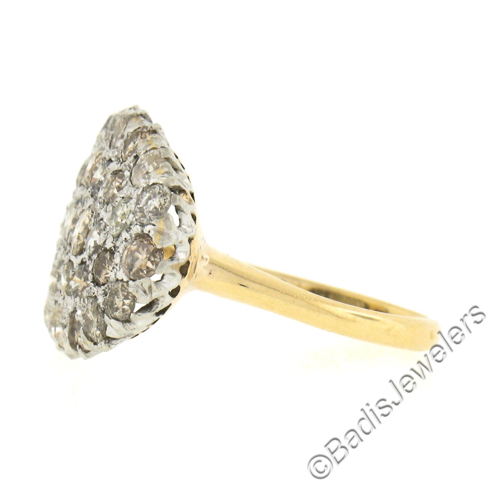 Victorian Revival Gold & Platinum Pave White & Champagne Diamond Platter Ring