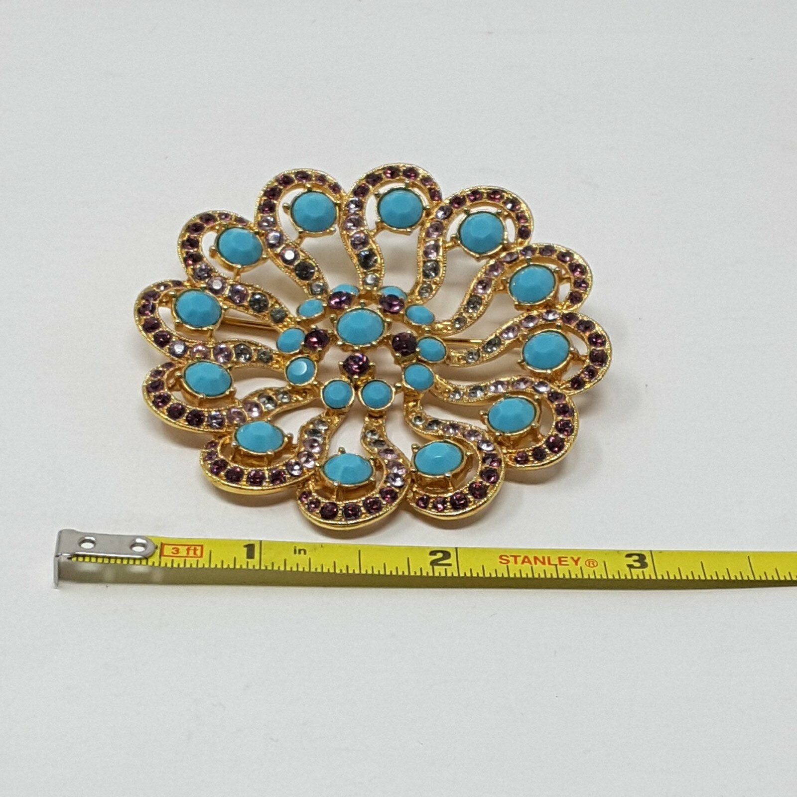 Blue & Purple Stones On Gold Tone Flower Pin