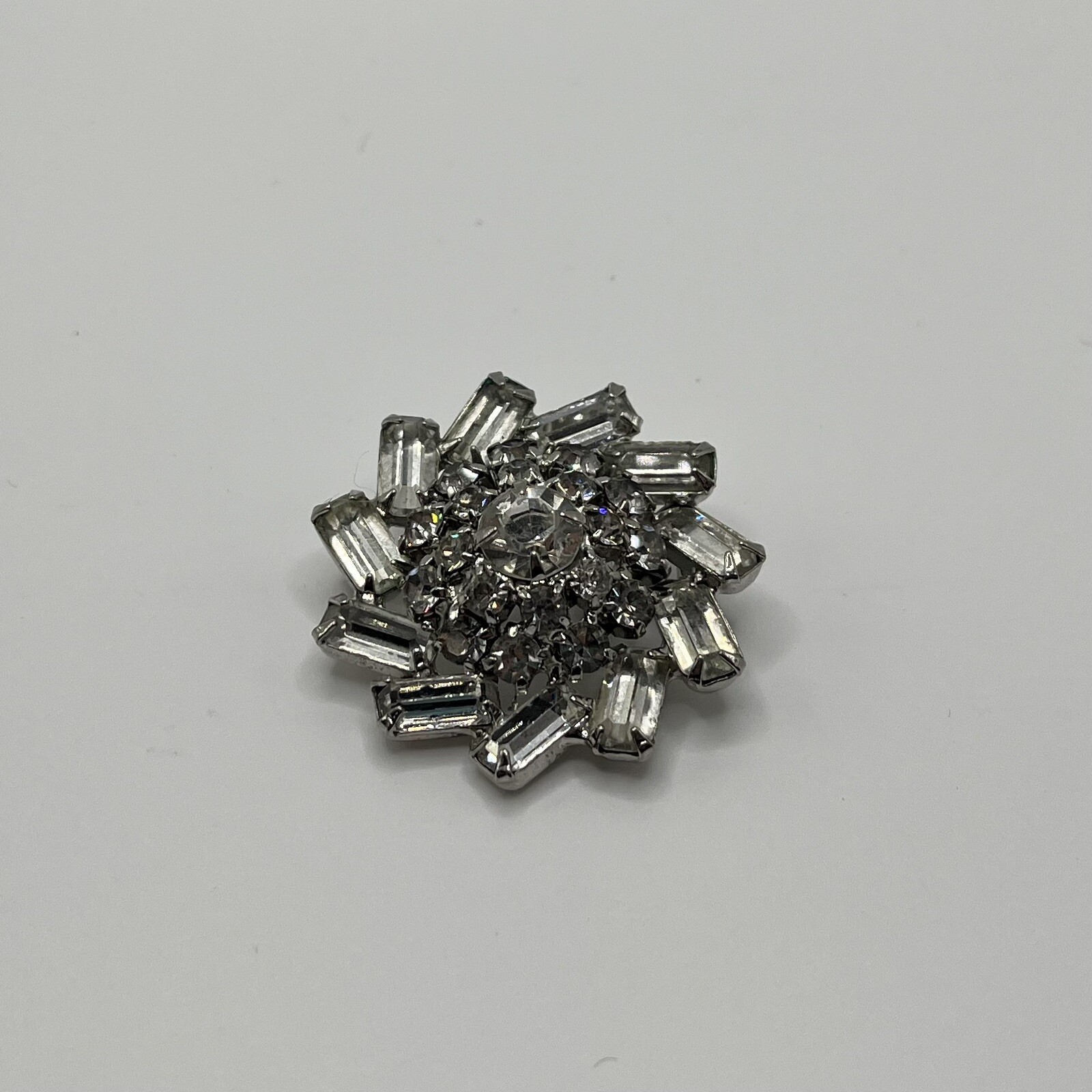 Vintage Emerald Cut and Round Clear Rhinestone Multi-Tiered Prong Set Brooch Pin