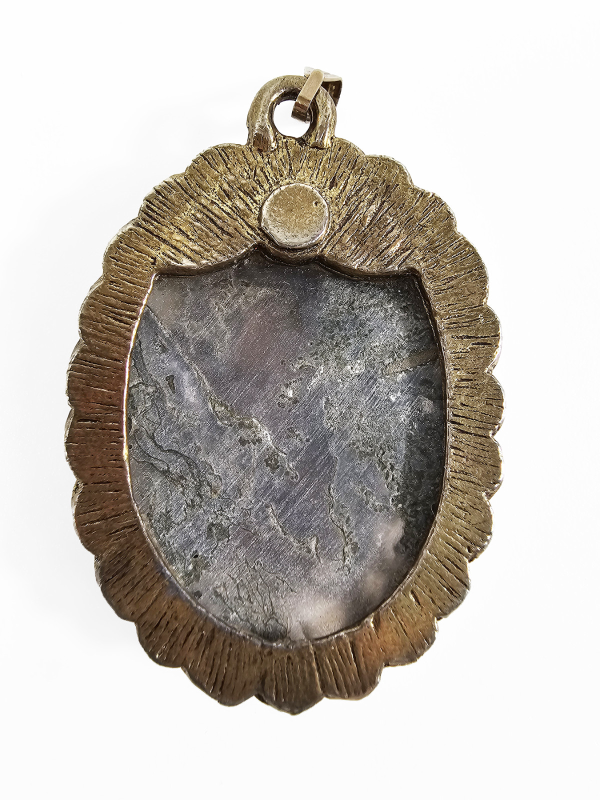 Bronze Tone Oval Moss Agate Cabochon Pendant Victorian Revival Boho Retro