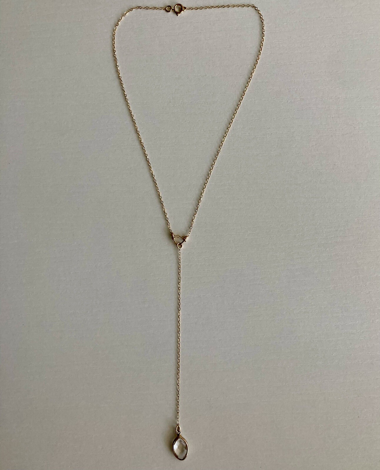 14k Yellow Gold Filled Quartz Pendant Chain Necklace Y Drop 15in plus 4in Drop