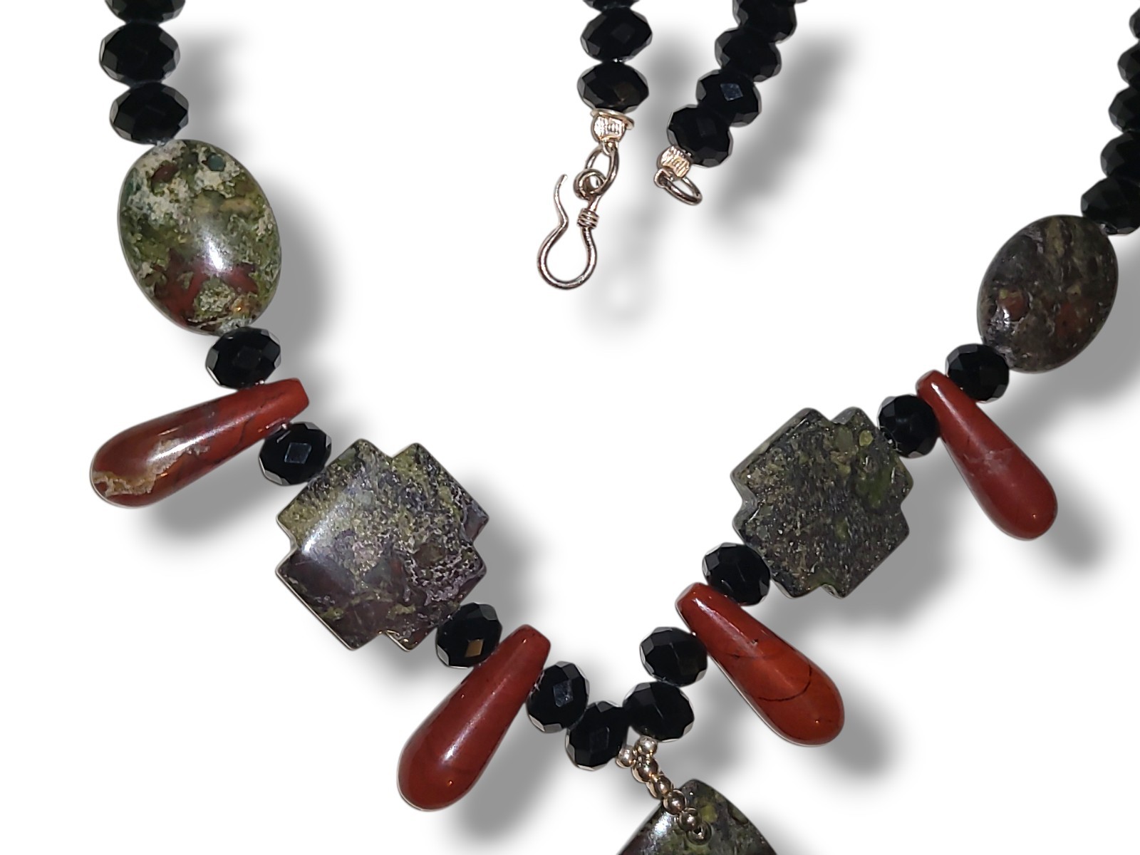 Stone Pendant Necklace Red Green Jasper Bead Black Crystal 925 Clasp 18in