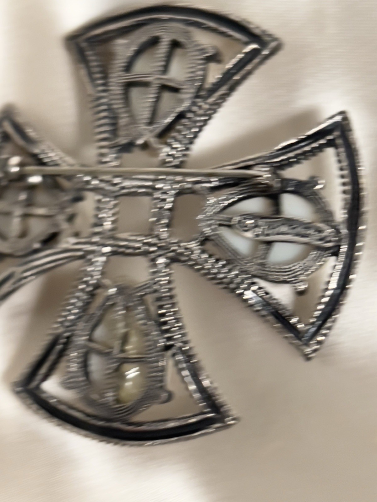 Vintage Tortolani Silver Tone Brooch – Cross Design with White Cabochons