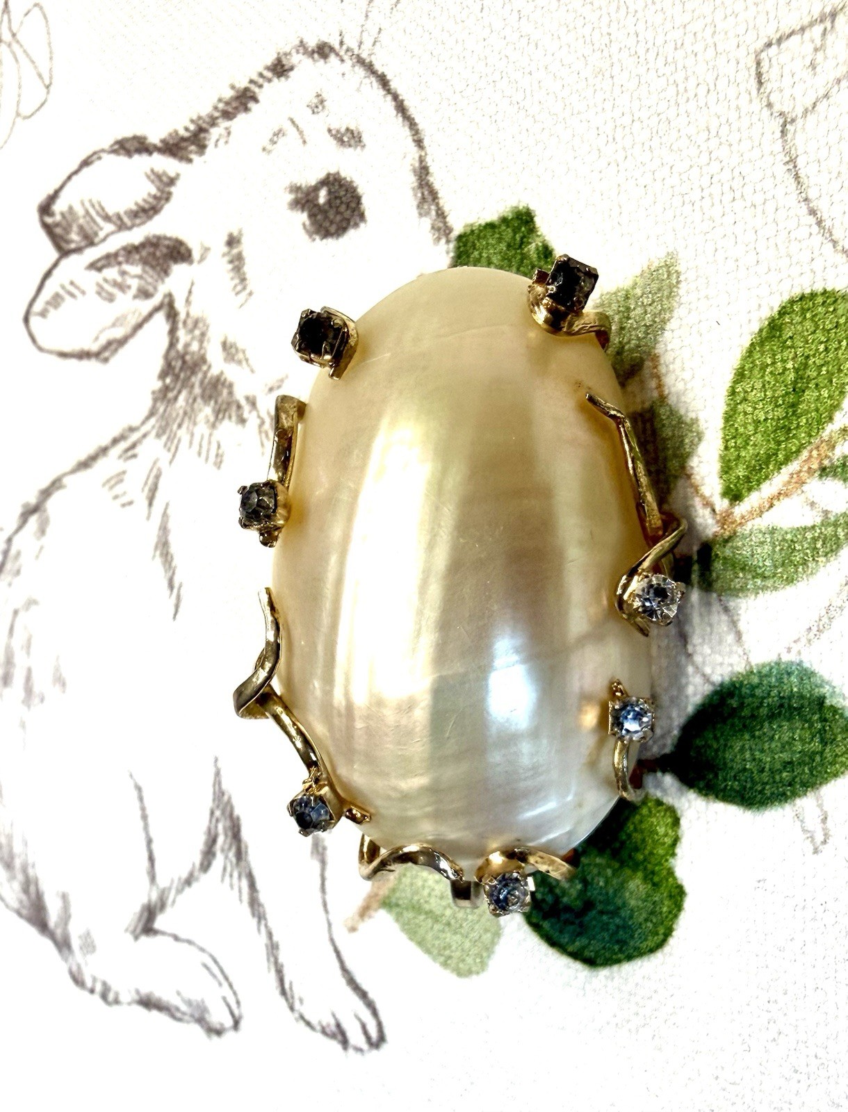 Signed Hattie Carnegie Vintage Fur Clip Faux MOP Shell Rhinestone Gift