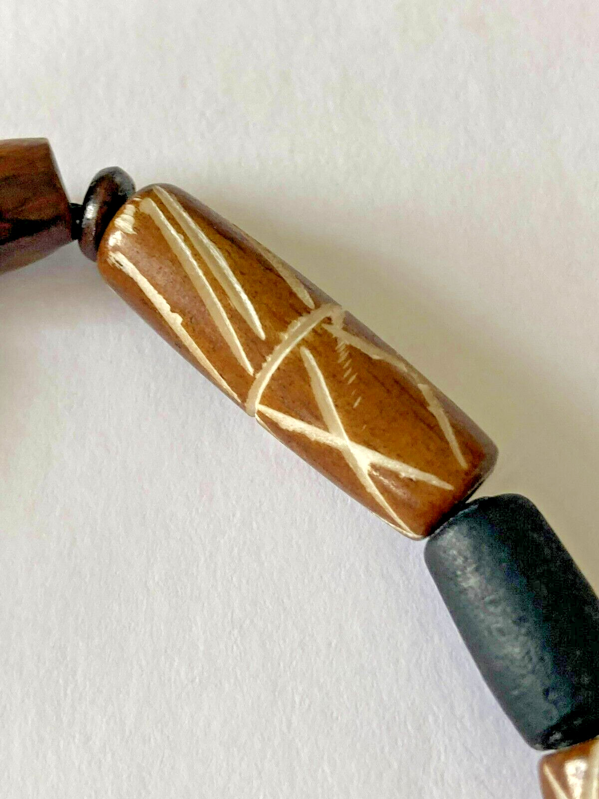 Hand Beaded Vintage Carved Wood and Black Ceramic 7.5-inches