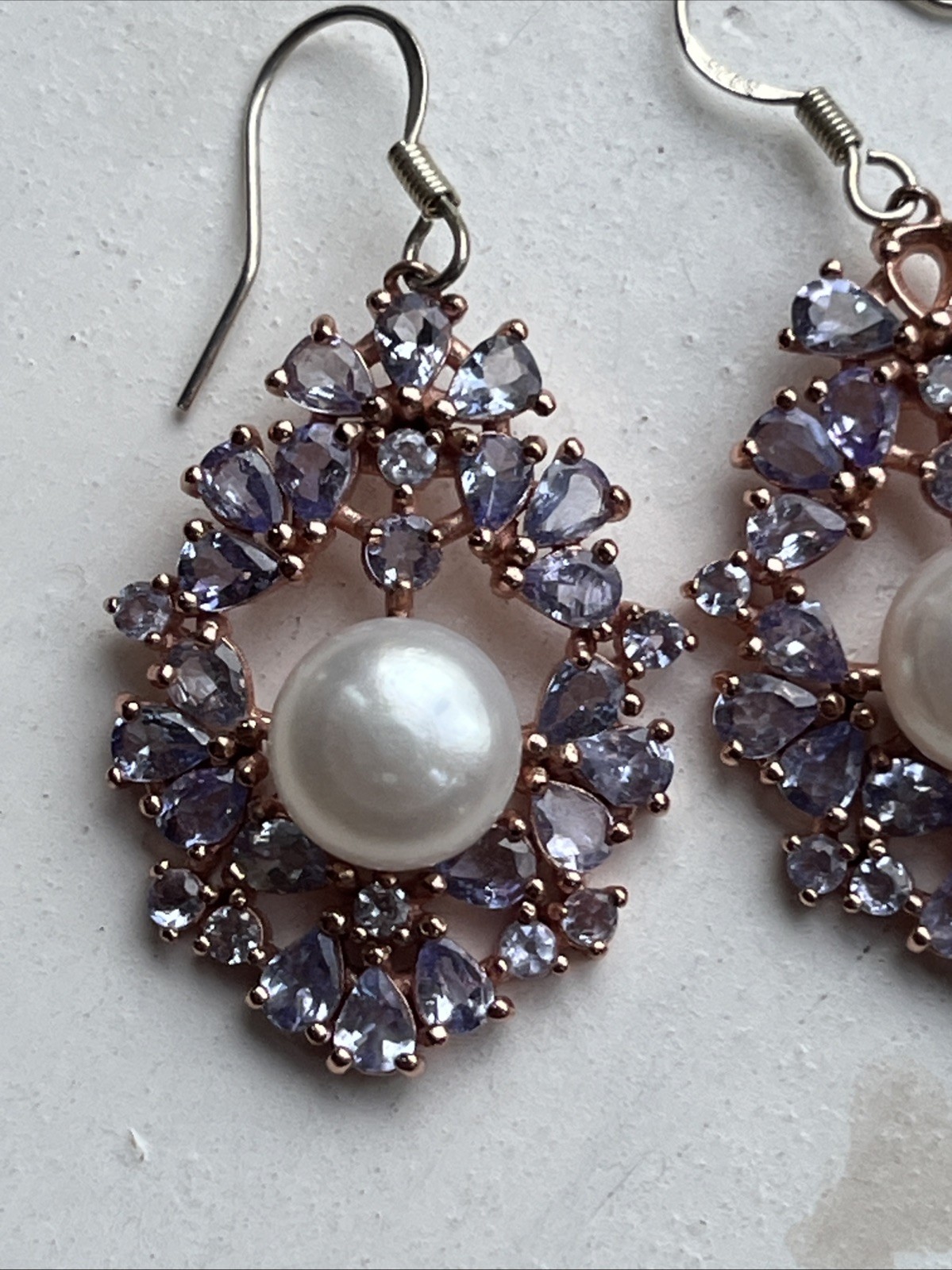 Vintage Tanzanite Real Pearl Dangle Drop Earrings 925 Wire Pierced 1.75” Classic