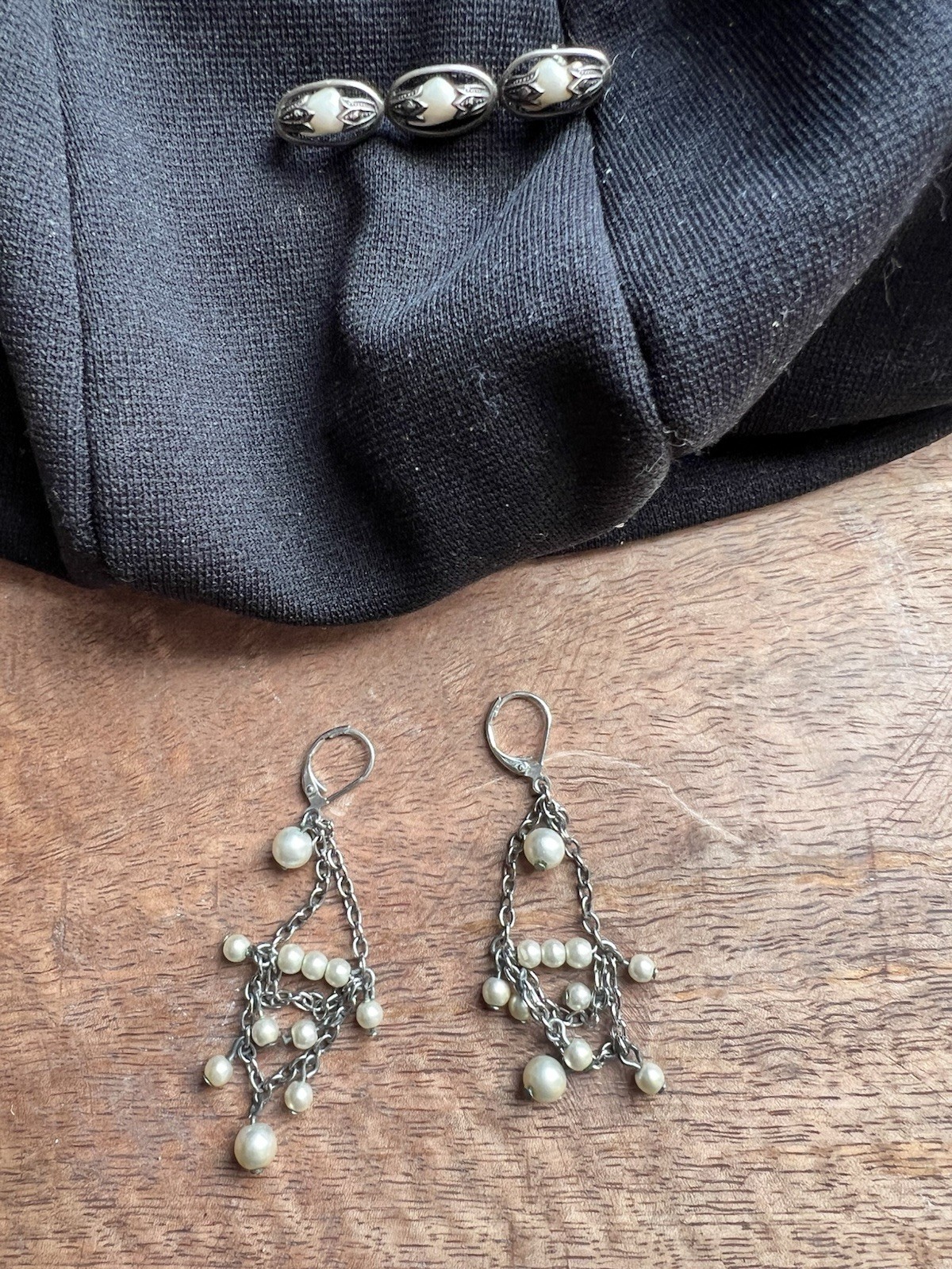 Vintage Antique Brooch& matching Chain& Pearl pierced Earrings.