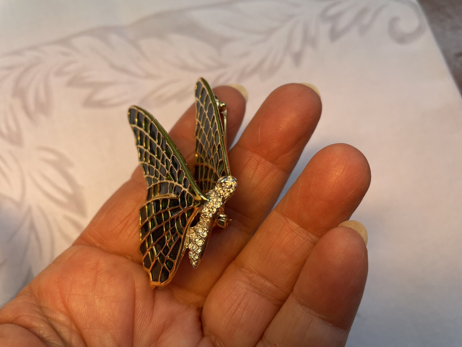 KJL KENNETH JAY LANE SIGNED Gold tone PEACOCK BUTTERFLY BROOCH with Crystals