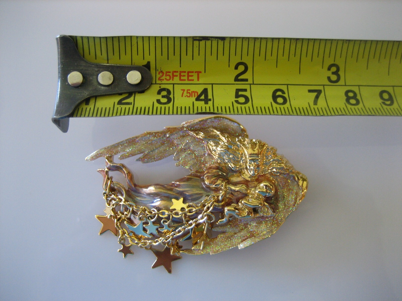 VINTAGE KIRKS FOLLY GUARDIAN ANGEL W/BABY ENAMEL STARS GLITTER BROOCH PIN